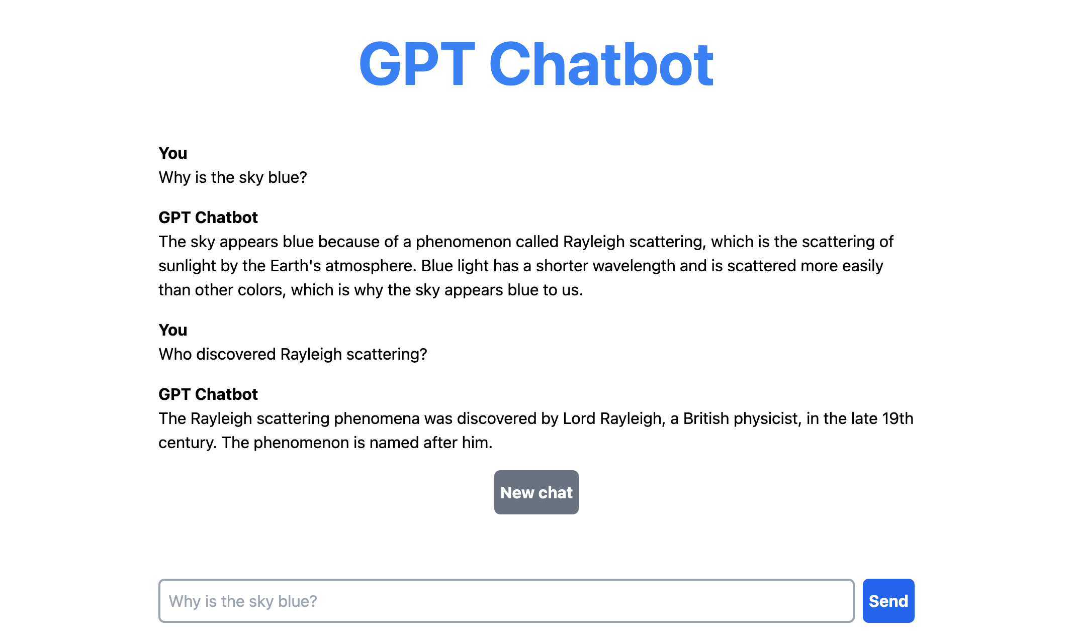 GPT Chatbot: The UI of our web app showing a conversation with several messages.